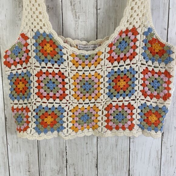 Sincerely Jules Granny Square Sleeveless Cropped  Sweater Sz XL Boho Multicolor - Picture 2 of 8